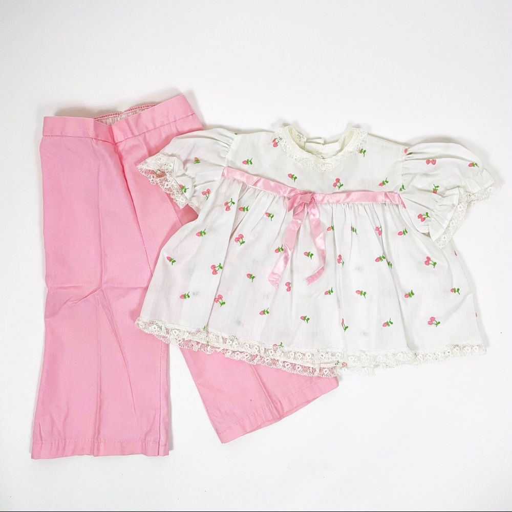 Vintage 70s Baby White Cherry Lace Top and Pink Bell Bottoms Set